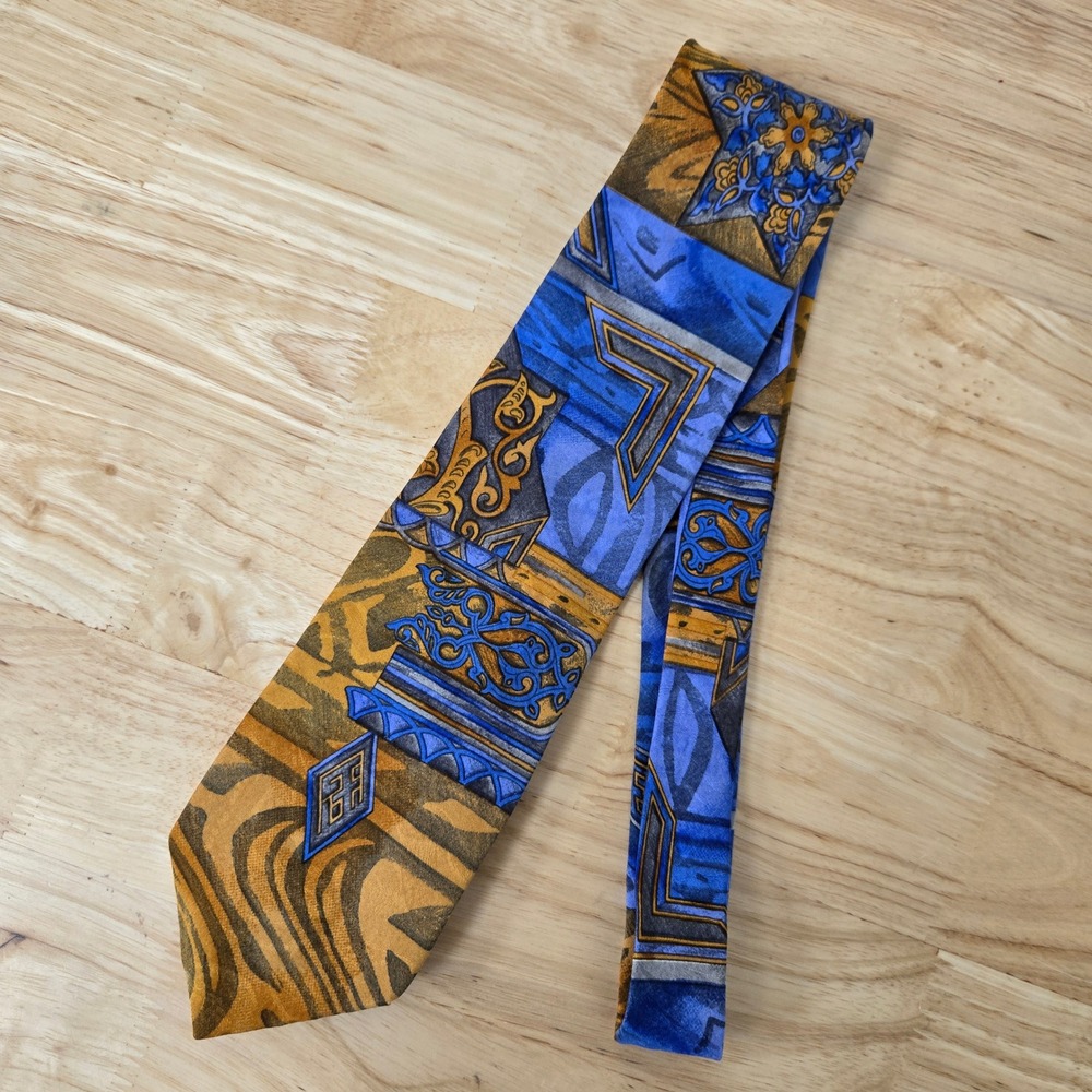 Vintage Repvbblica Silk Point Tie 56" Blue Gold Geometric 1990s Made in Italy‎